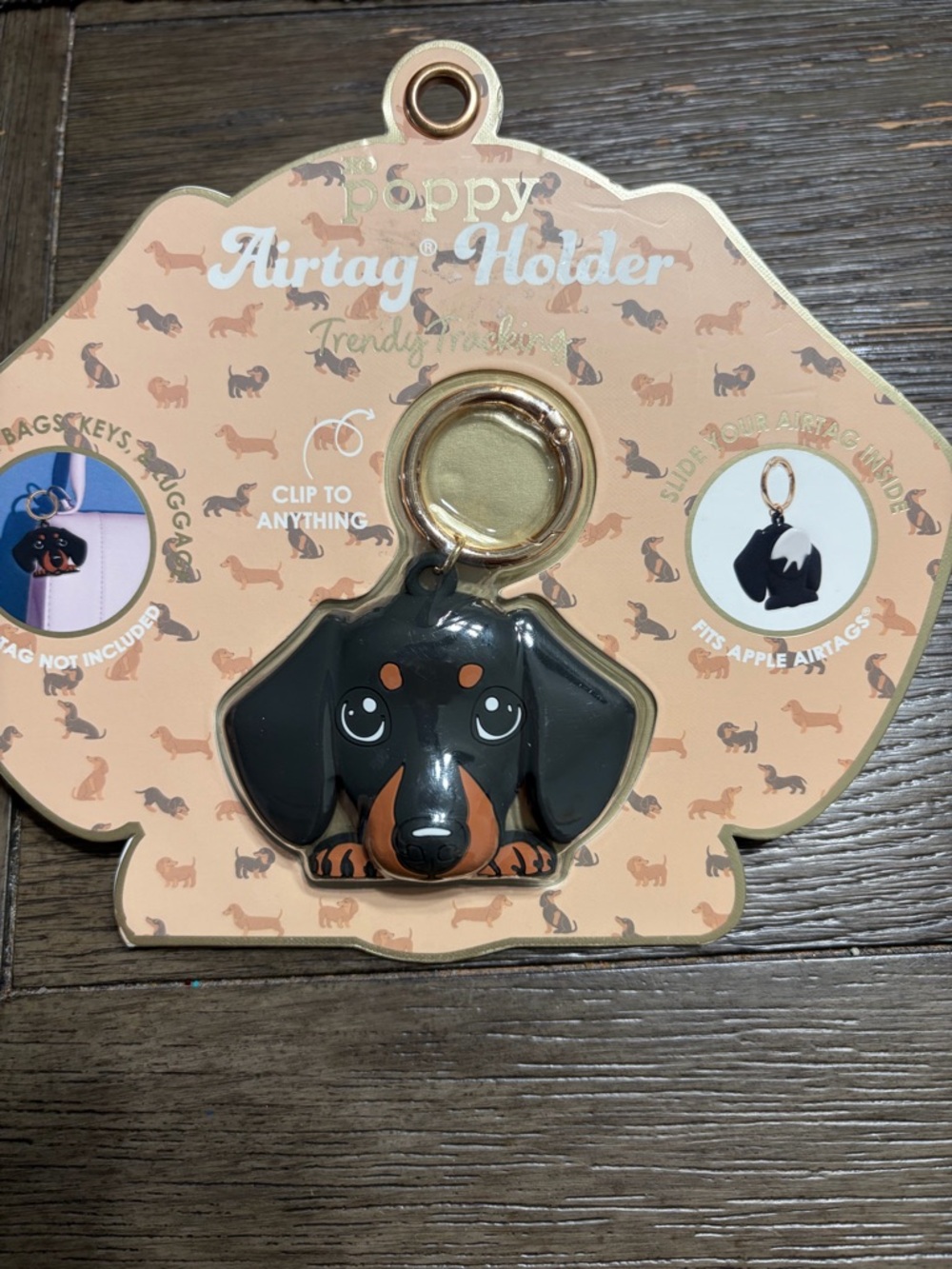 Black & Brown Dachshund Airtag Holder with Gold Ring